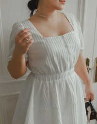 Square Neck Crinkled Texture Puff Sleeve Buttoned Up Mini Dress