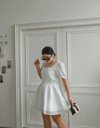 Square Neck Crinkled Texture Puff Sleeve Buttoned Up Mini Dress