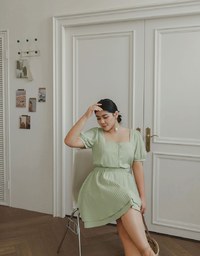 Square Neck Crinkled Texture Puff Sleeve Buttoned Up Mini Dress