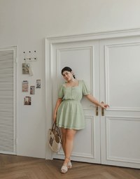 Square Neck Crinkled Texture Puff Sleeve Buttoned Up Mini Dress