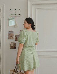 Square Neck Crinkled Texture Puff Sleeve Buttoned Up Mini Dress