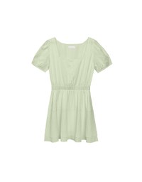 Square Neck Crinkled Texture Puff Sleeve Buttoned Up Mini Dress