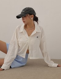 Skin Protection Sheer Button Up Cropped Blouse with AIR SPACE LOGO Embroidered