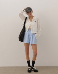 Skin Protection Sheer Button Up Cropped Blouse with AIR SPACE LOGO Embroidered
