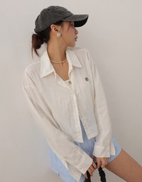 Skin Protection Sheer Button Up Cropped Blouse with AIR SPACE LOGO Embroidered