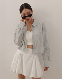 Skin Protection Sheer Button Up Cropped Blouse with AIR SPACE LOGO Embroidered