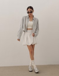 Skin Protection Sheer Button Up Cropped Blouse with AIR SPACE LOGO Embroidered