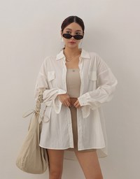 Skin Protection Sheer Button Up Oversized Blouse with Two Flap Pockets
