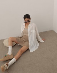 Skin Protection Sheer Button Up Oversized Blouse with Two Flap Pockets
