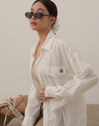 Skin Protection Sheer Button Up Oversized Blouse with Two Flap Pockets
