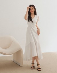 V-Neck Sheer Sleeve Asymmetrical Mermaid Hem Maxi Dress