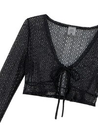 Lace Crochet Sheer Tie Front Bikini Cover Up Shirt