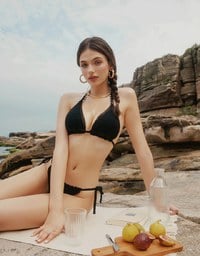手工鉤織花芽滾邊雙綁帶比基尼