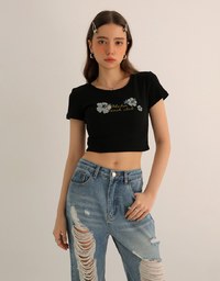 Aloha Beach Club Floral Embroidery Detail Ribbed Fitted Crop Top