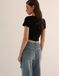 Aloha Beach Club Floral Embroidery Detail Ribbed Fitted Crop Top