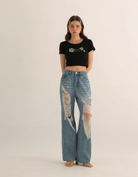 Aloha Beach Club Floral Embroidery Detail Ribbed Fitted Crop Top
