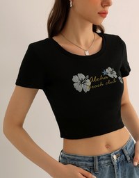 Aloha Beach Club Floral Embroidery Detail Ribbed Fitted Crop Top
