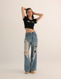Aloha Beach Club Floral Embroidery Detail Ribbed Fitted Crop Top