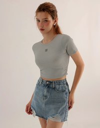 AIR SPACE LOGO Embroidered Cropped Ribbed Top with Side Ruched Detail