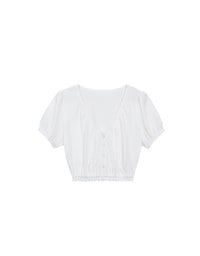 Textured Puff Sleeve V Neck Cropped Top with Ruched Hem