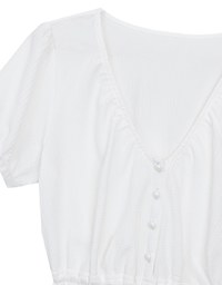 Textured Puff Sleeve V Neck Cropped Top with Ruched Hem