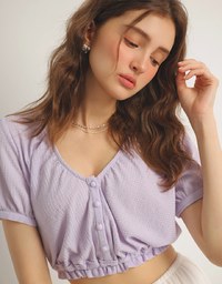 Textured Puff Sleeve V Neck Cropped Top with Ruched Hem