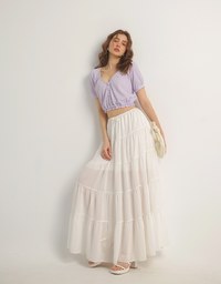 Textured Puff Sleeve V Neck Cropped Top with Ruched Hem
