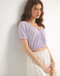 Textured Puff Sleeve V Neck Cropped Top with Ruched Hem