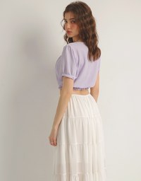 Textured Puff Sleeve V Neck Cropped Top with Ruched Hem