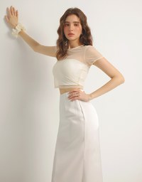 Crew Neck Sheer Mesh Short Sleeve Cropped Tee