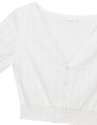 Ruched Waist Textured Stripe V Neck Cropped Top with Puff Sleeves