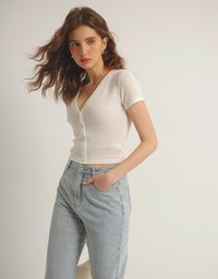 V Neck Starfish Button Ribbed Knit Fitted Top