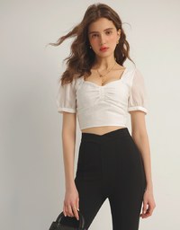 Square Neck Textured Puff Sleeve Cropped Top with Ruched Front Detail