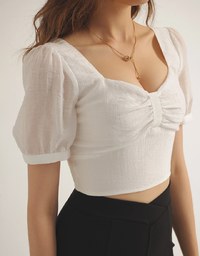 Square Neck Textured Puff Sleeve Cropped Top with Ruched Front Detail
