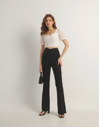 Square Neck Textured Puff Sleeve Cropped Top with Ruched Front Detail