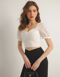 Square Neck Textured Puff Sleeve Cropped Top with Ruched Front Detail