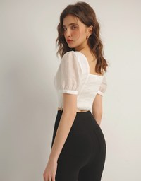 Square Neck Textured Puff Sleeve Cropped Top with Ruched Front Detail