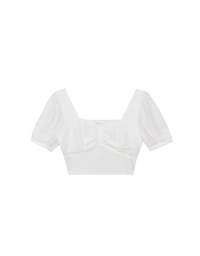 Square Neck Textured Puff Sleeve Cropped Top with Ruched Front Detail