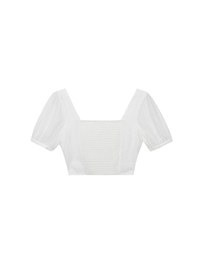 Square Neck Textured Puff Sleeve Cropped Top with Ruched Front Detail
