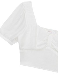 Square Neck Textured Puff Sleeve Cropped Top with Ruched Front Detail