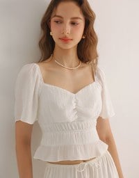 Elastic Shirred Waist Puff Sleeve Cropped Top