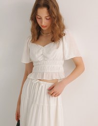 Elastic Shirred Waist Puff Sleeve Cropped Top