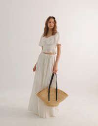Elastic Shirred Waist Puff Sleeve Cropped Top