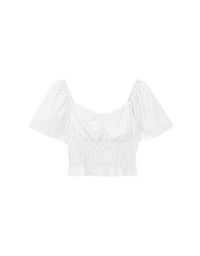 Elastic Shirred Waist Puff Sleeve Cropped Top