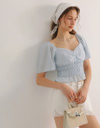 Elastic Shirred Waist Puff Sleeve Cropped Top