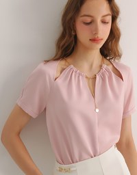 Soft Chiffon Cold Shoulder Top with Gold Chain Trim