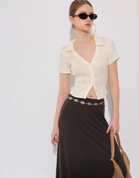 Crinkled Textured V Neck Fitted Button Shirt Top with Collar