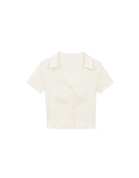 Crinkled Textured V Neck Fitted Button Shirt Top with Collar