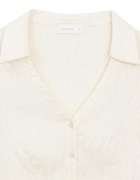 Crinkled Textured V Neck Fitted Button Shirt Top with Collar