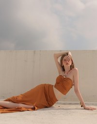 Ruched Bandeau Halter Padded Top with Beaded Strap